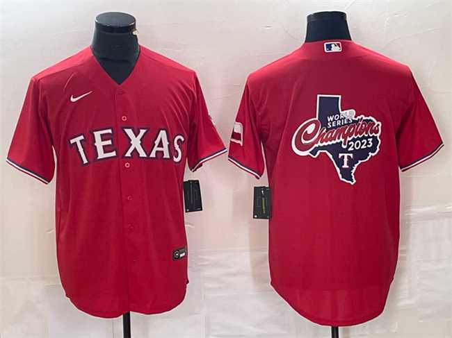 Men%27s Texas Rangers Red 2023 World Series Champions Big Logo With Patch Cool Base Stitched Baseball Jersey